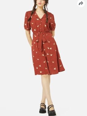 Women's Rust Button-Front Tie-Waist Shirt Dress with duck print